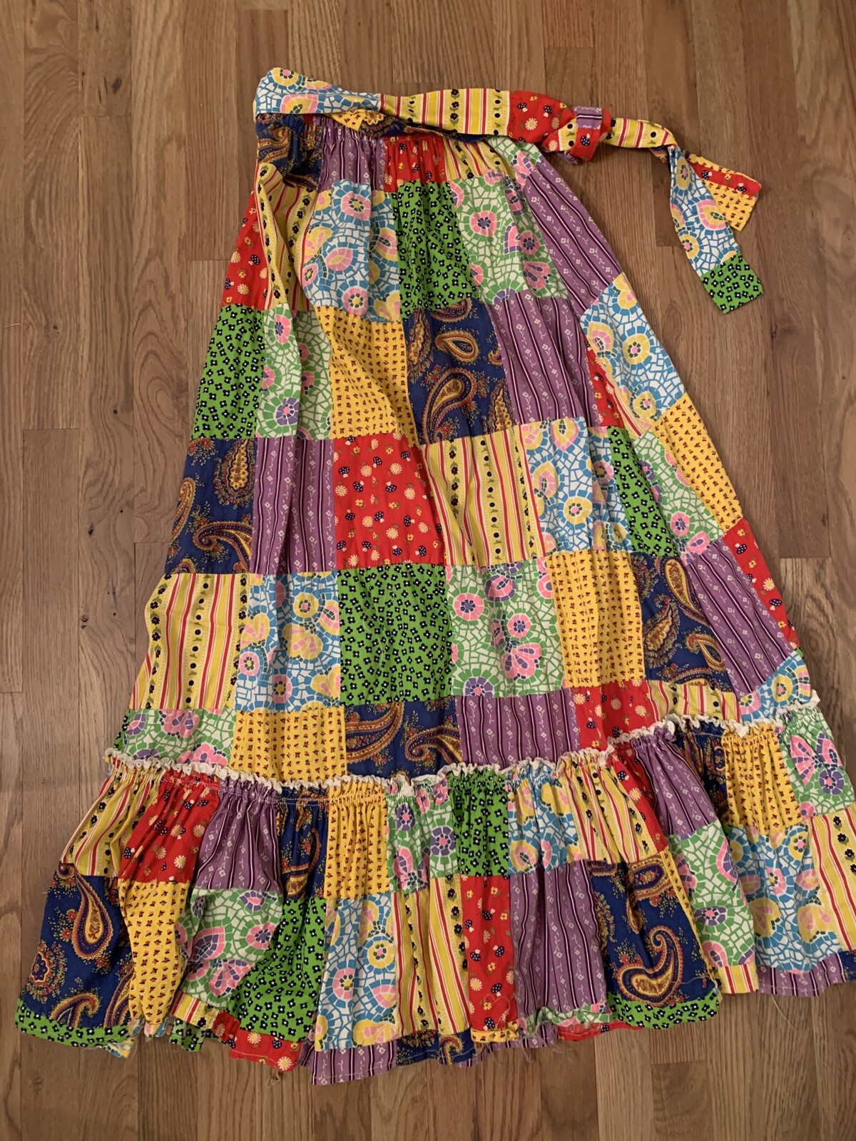 Beverly Paige Vintage Patchwork Cotton Maxi Skirt 70s High Waisted Bright
