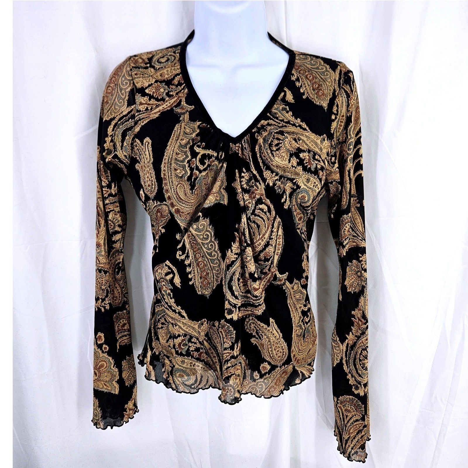 Wet Seal Vtg Y2K Paisley Mesh Long Bell Sleeve Top Black Gold Velvet Curl Trim L