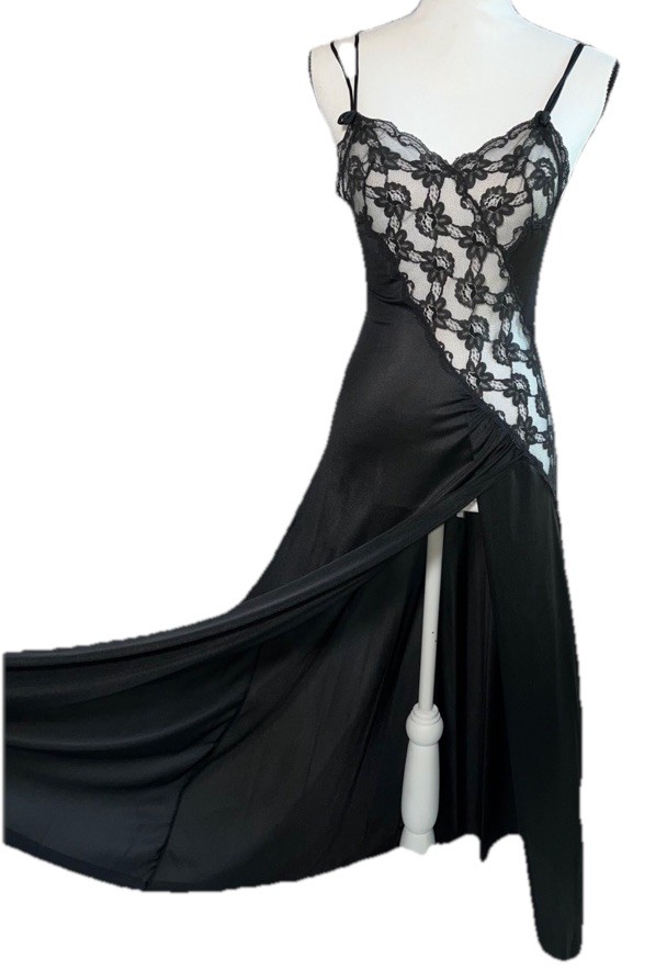 Vtg Negligee Maxi Nightgown ValMode Daring Lace Bodice Hi Slit Black S XS 28 30