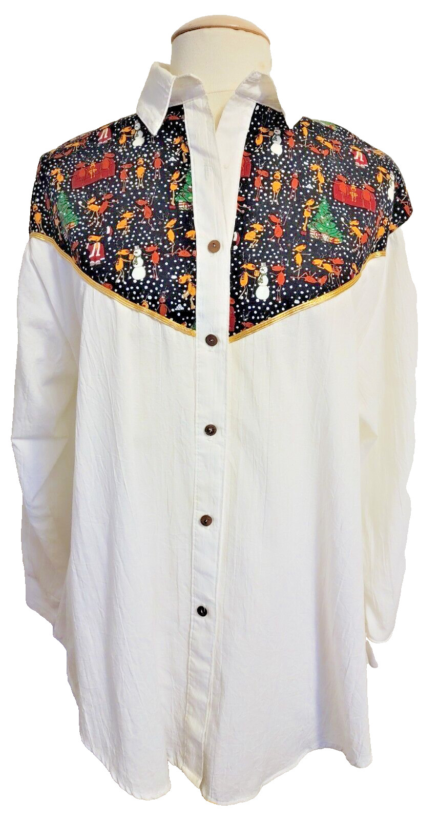 Vintage Western Christmas Tunic Shirt Women’s S/M White Black Reindeer Oversized