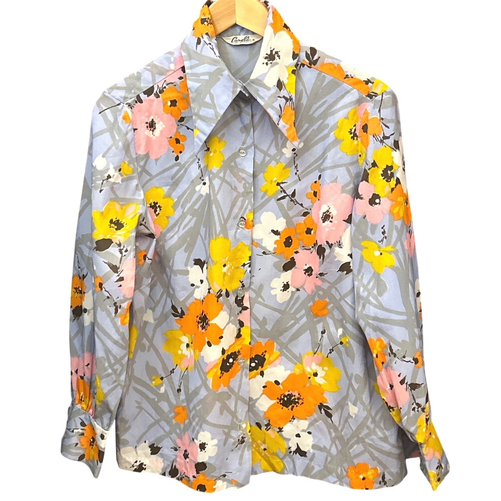 70s Carole Sue Floral Blouse Dagger Collar Retro Disco Mod Psychedelic Hippie