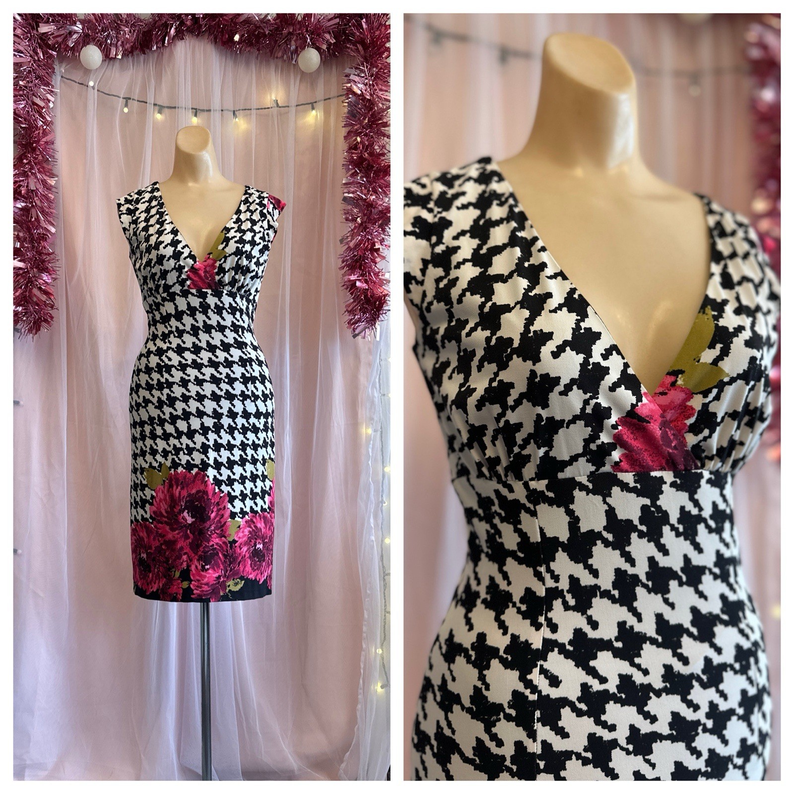 Vintage Y2K 2000s Does 60s Wiggle Pencil Dress Houndstooth Floral Deep V S