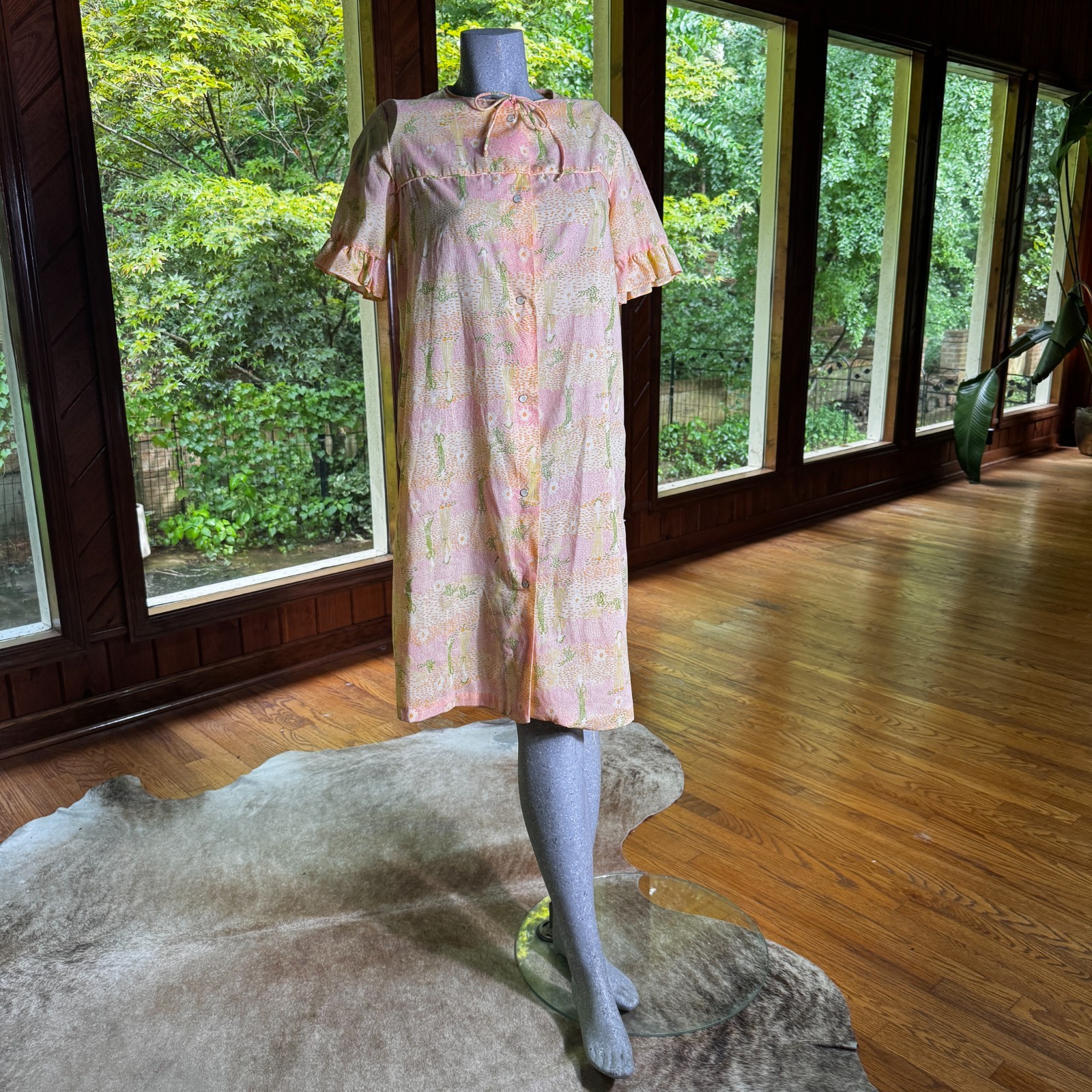 Vintage 60s Lounge Craft House Coat Dress Robe Novelty Print ILGWU Size Medium