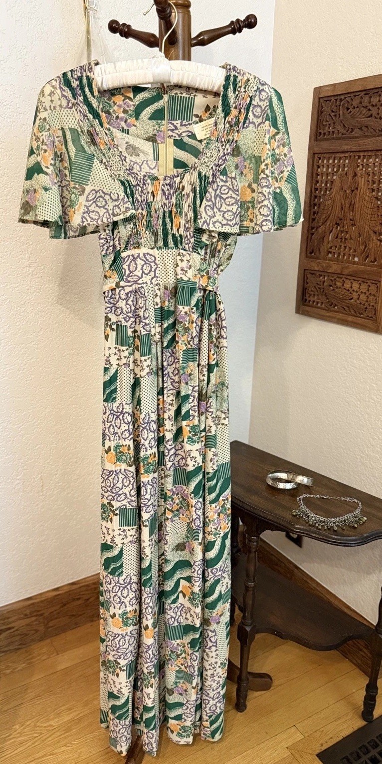 Vintage Handmade NWOT Polyester Patchwork Maxi Dress Smocked Tie Waist Small