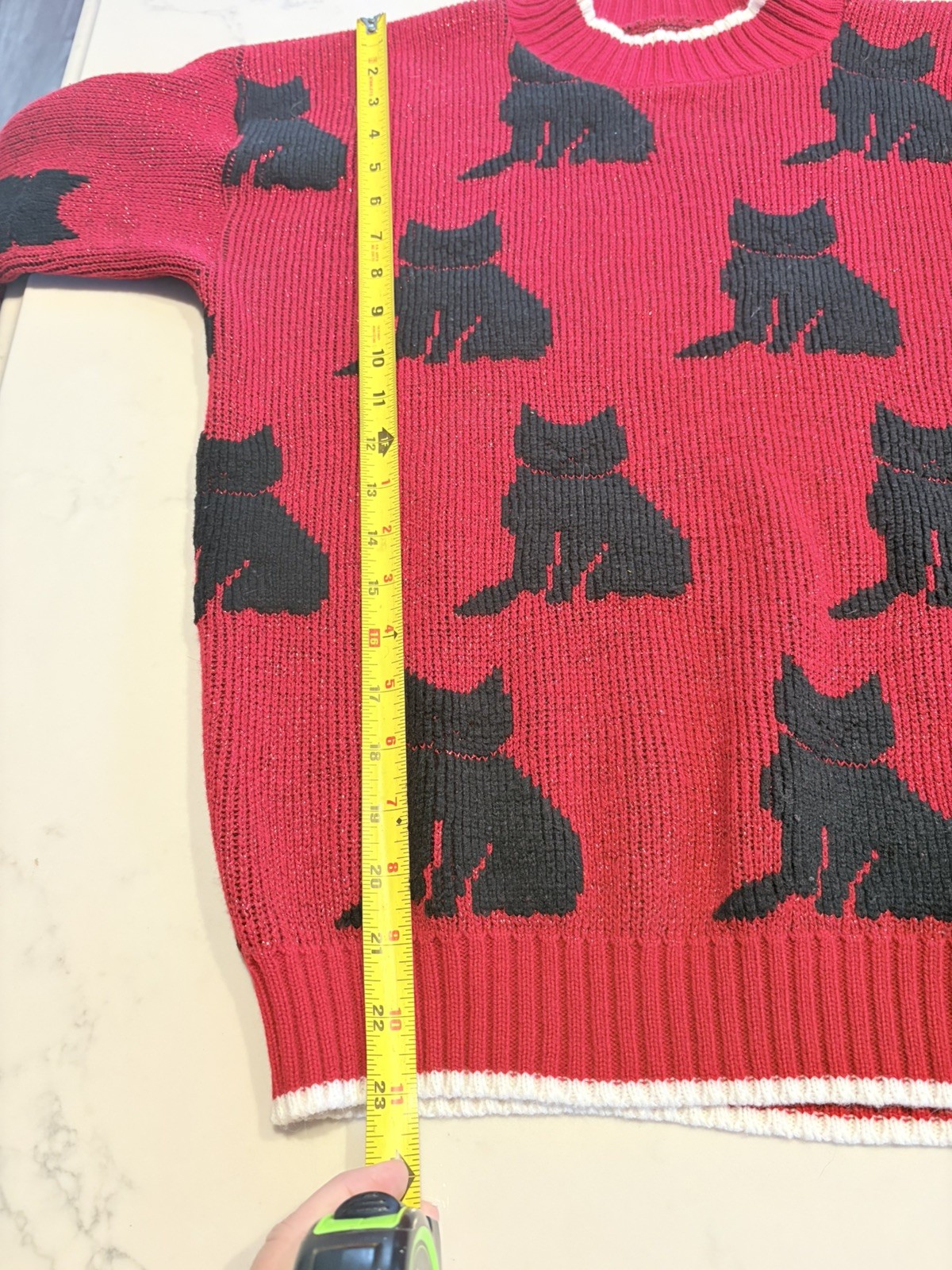 Vintage Red Metallic Cat Sweater with Black Cats and White Hearts Arielle Style