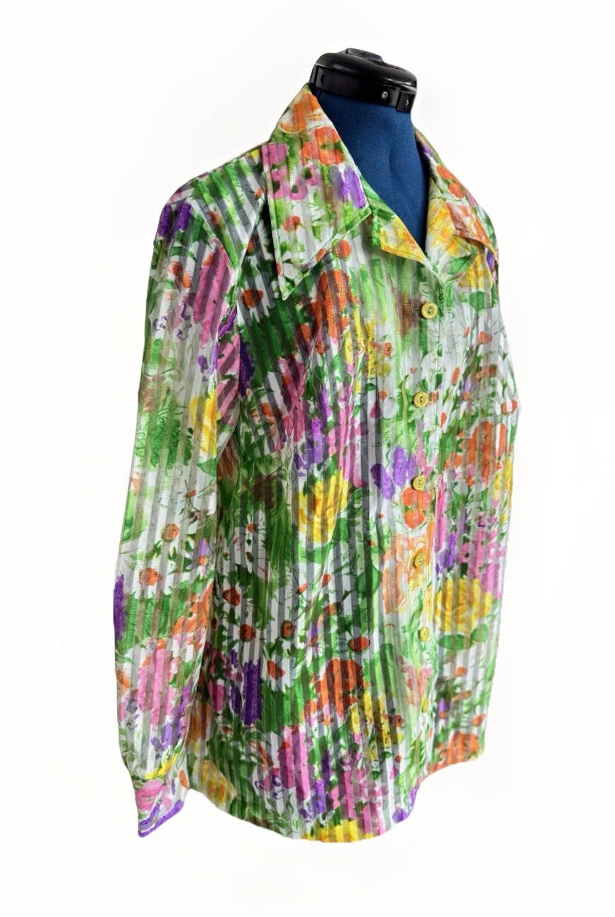 Vintage 70s Marty Gutmacher Floral Cottage Core Sheer Boho Prairie Blouse