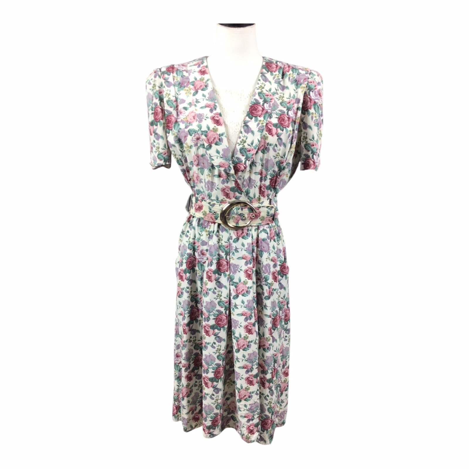 Vintage S. L. Petites Floral Dress Sz 8 Belted Pockets Padded Shoulders Modest