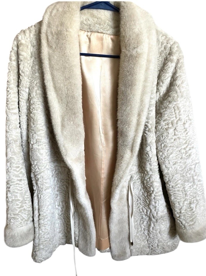 Vtg 60s 70s Faux Fur Mink Lamb Shawl Collar Coat Jacket Cream Union Made ILGWU