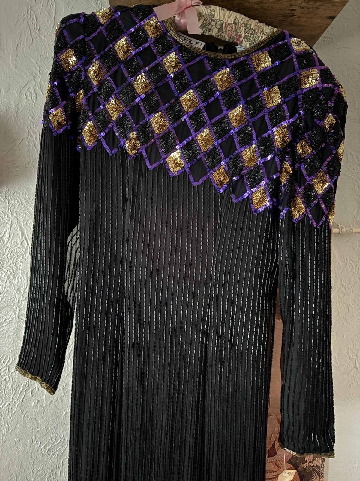 SCALA Vintage Silk black beaded Maxi Dress size medium