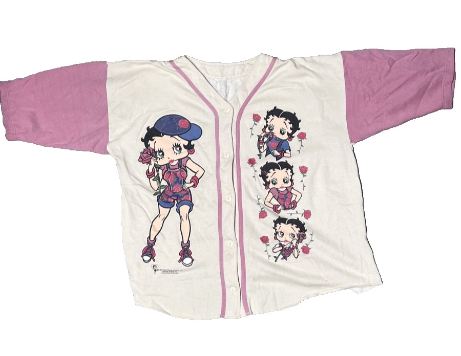 Vintage 1995 Betty Boop Graphic White Pink Baseball Jersey Button-Up Shirt Sz XL