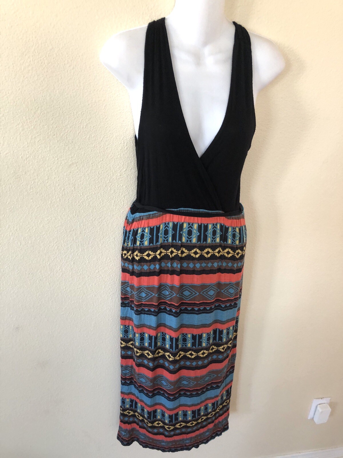 Y2K Vintage Papaya Boho Fairy Grunge Halter Top Maxi Dress Aztec Print Black M