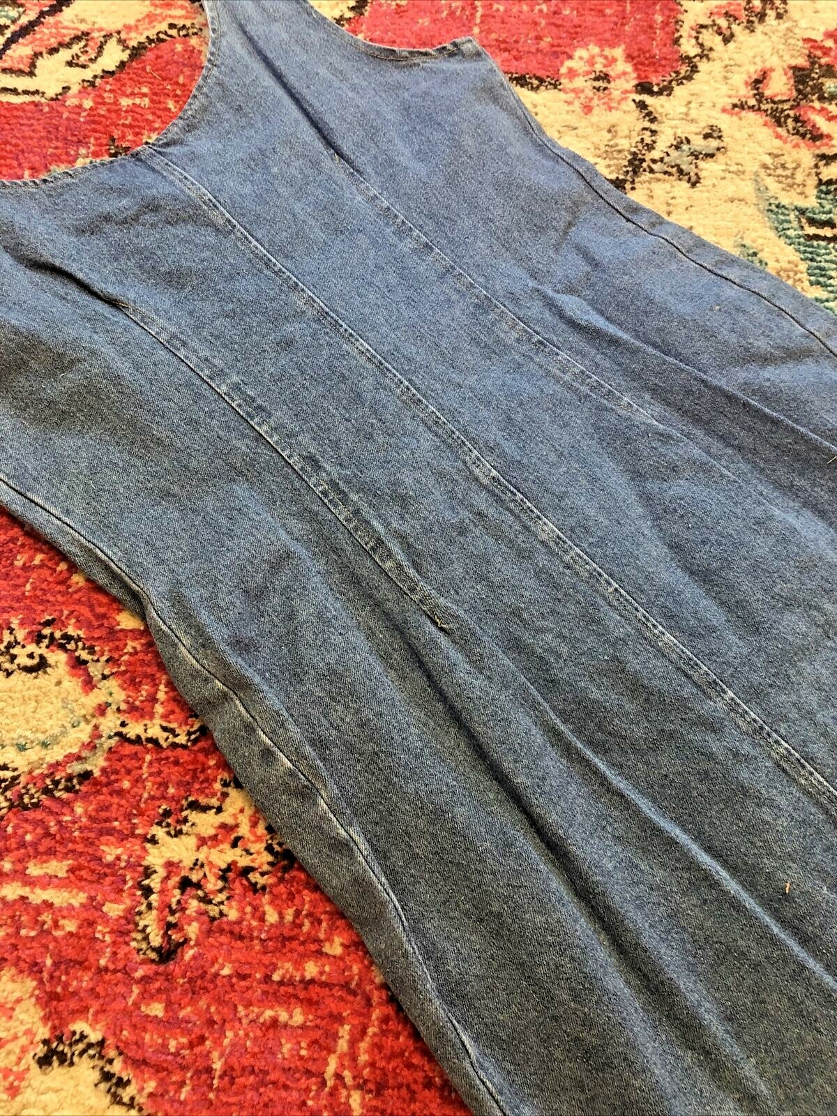 Vtg In Charge Sz L Denim Jumper Sleeveless Jewel Button Down Dress HO