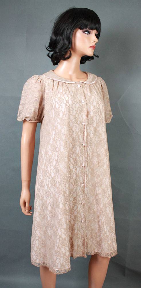 Vintage Peignoir Set Sz XS S Beige Lace Green Chiffon Pink Short Nightgown Robe