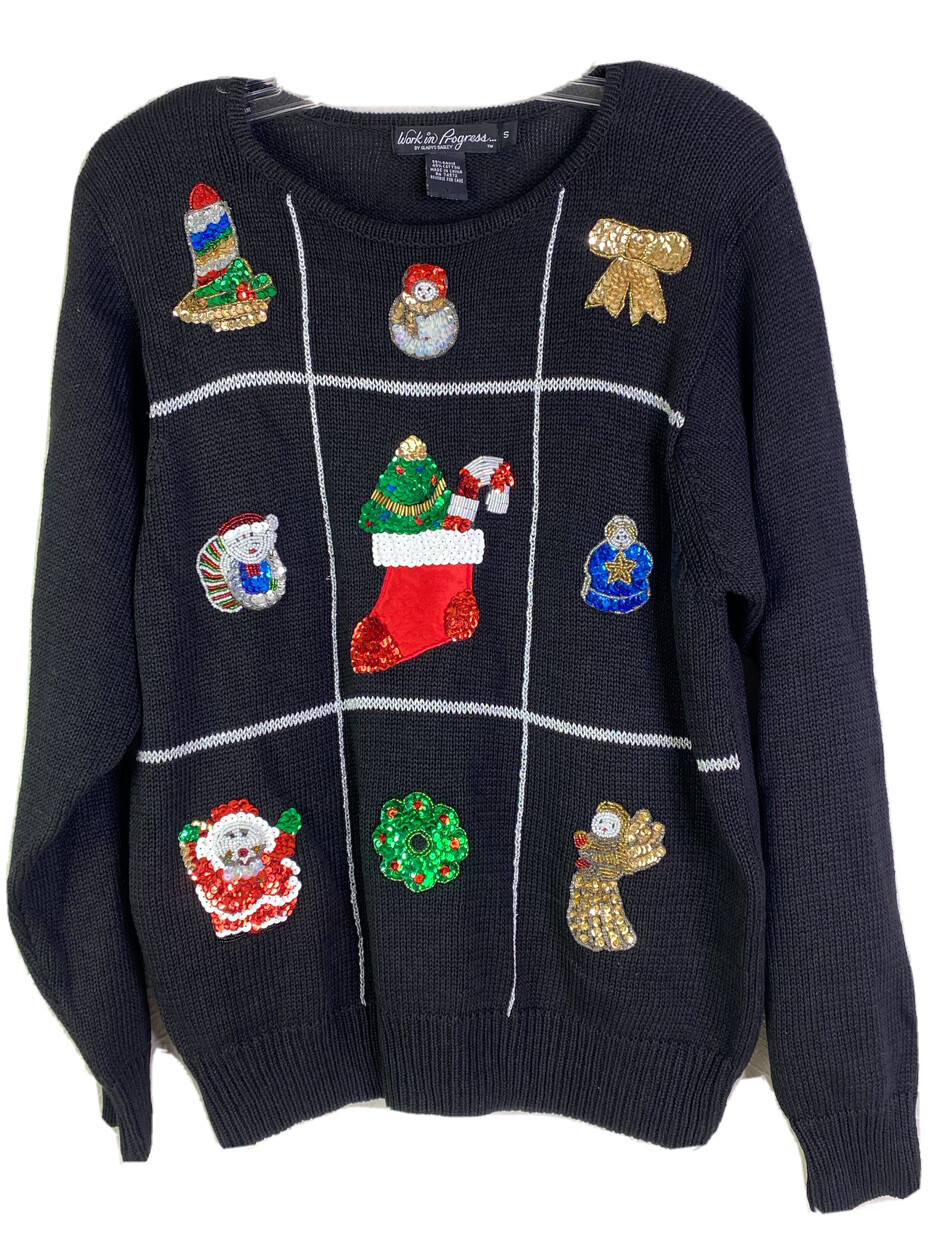 VTG Work In Progress Gladys Bagley Sequin Small Black Christmas Sweater EUC