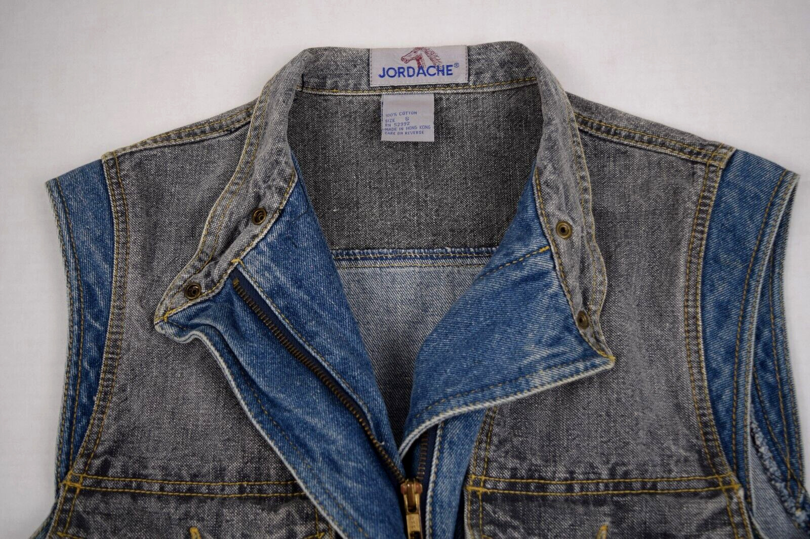 Vintage Jordache Denim Vest Size S/M 80s Belted 2 Tone Blue Wash Gray Denim Yoke