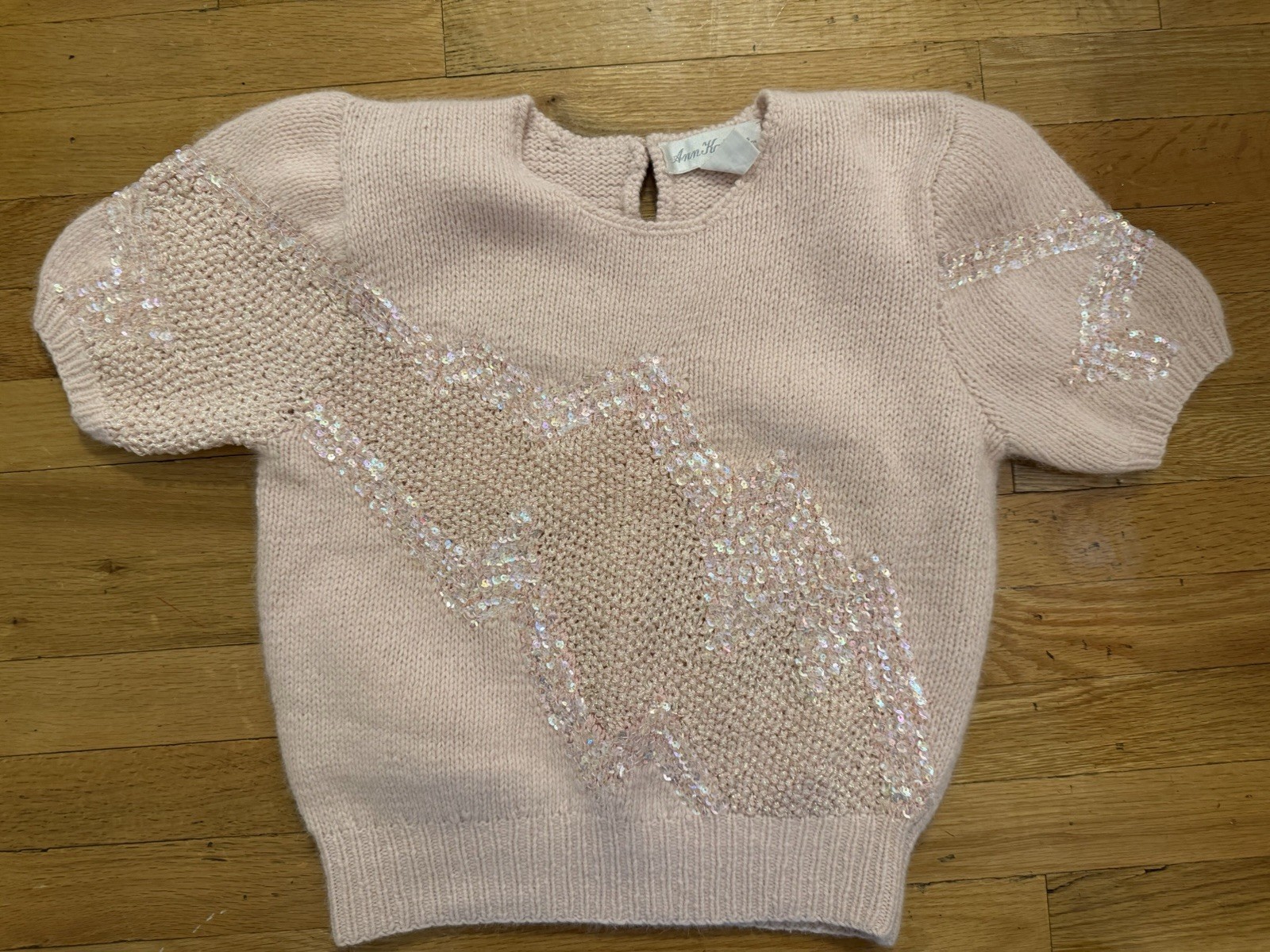 Vintage Ann Katrine S Pink Sequined Short Sleeve Sweater Lambswool, Angora, Wool