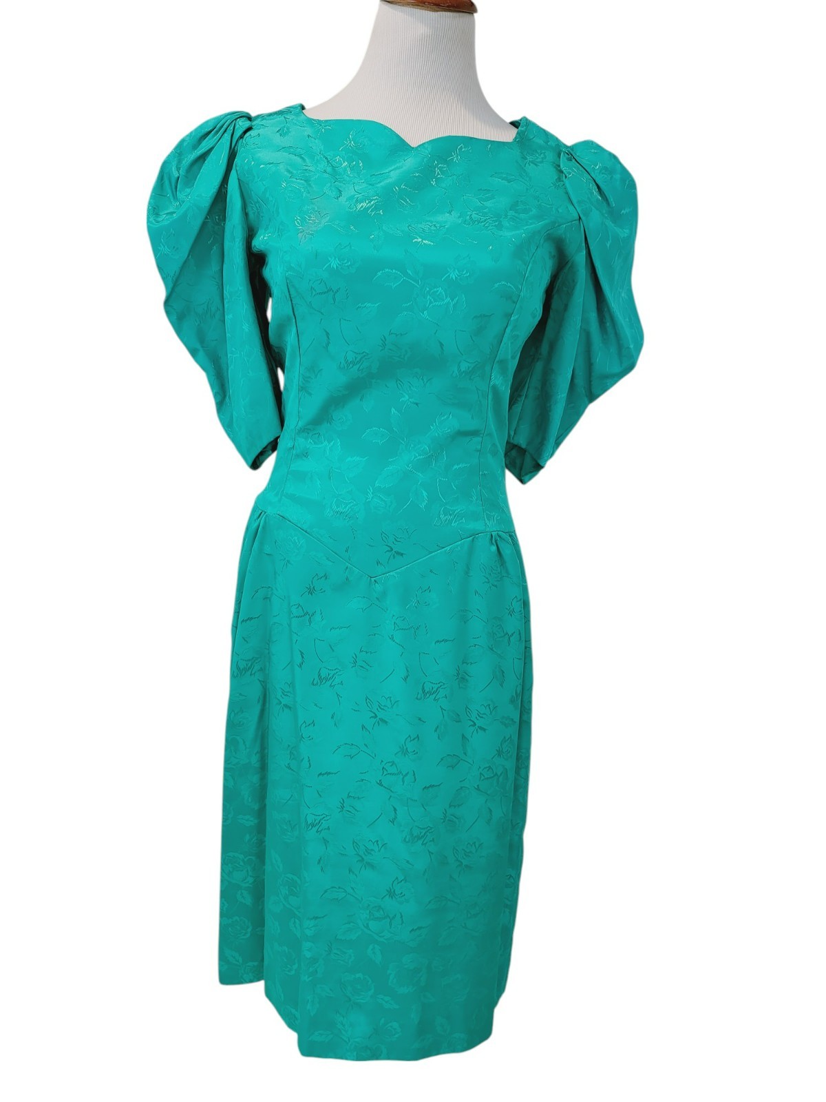 True Vintage 1980s Handmade Embossed Teal Aqua Puffy Puff Sleeves Dress