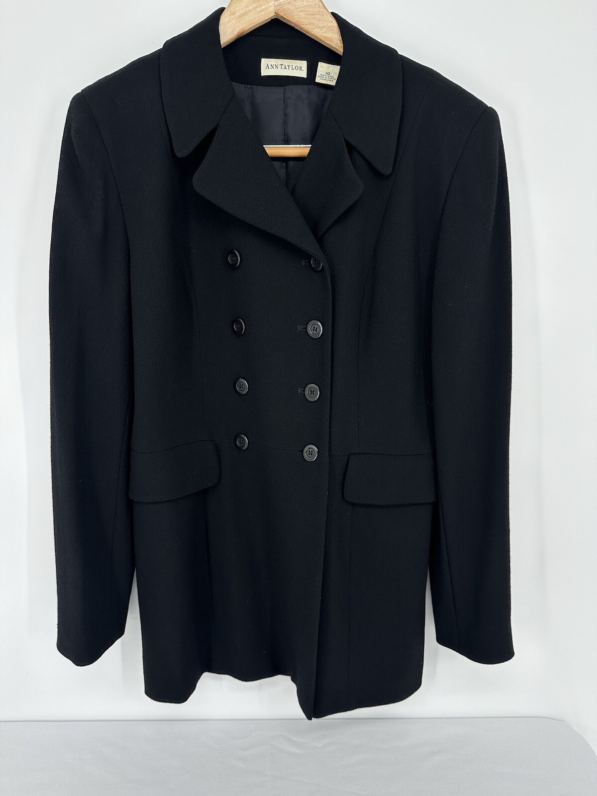 Vtg Ann Taylor LOFT 100% Wool Double Breasted Blazer Jacket Sz 10 Black Academia