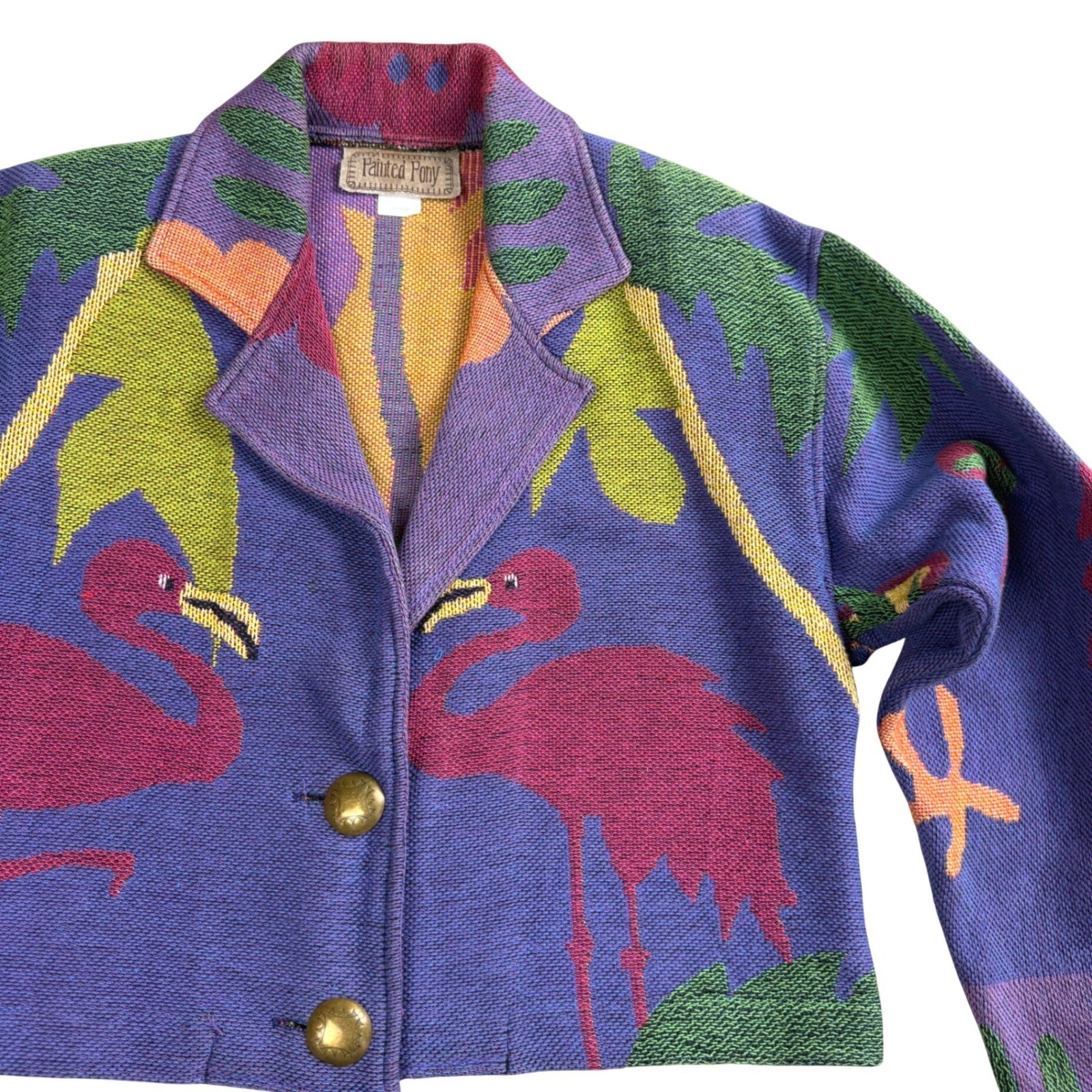 Painted Pony Tapestry Jacket Womens Large Flamingo Tropical Vintage 90s Cropped
