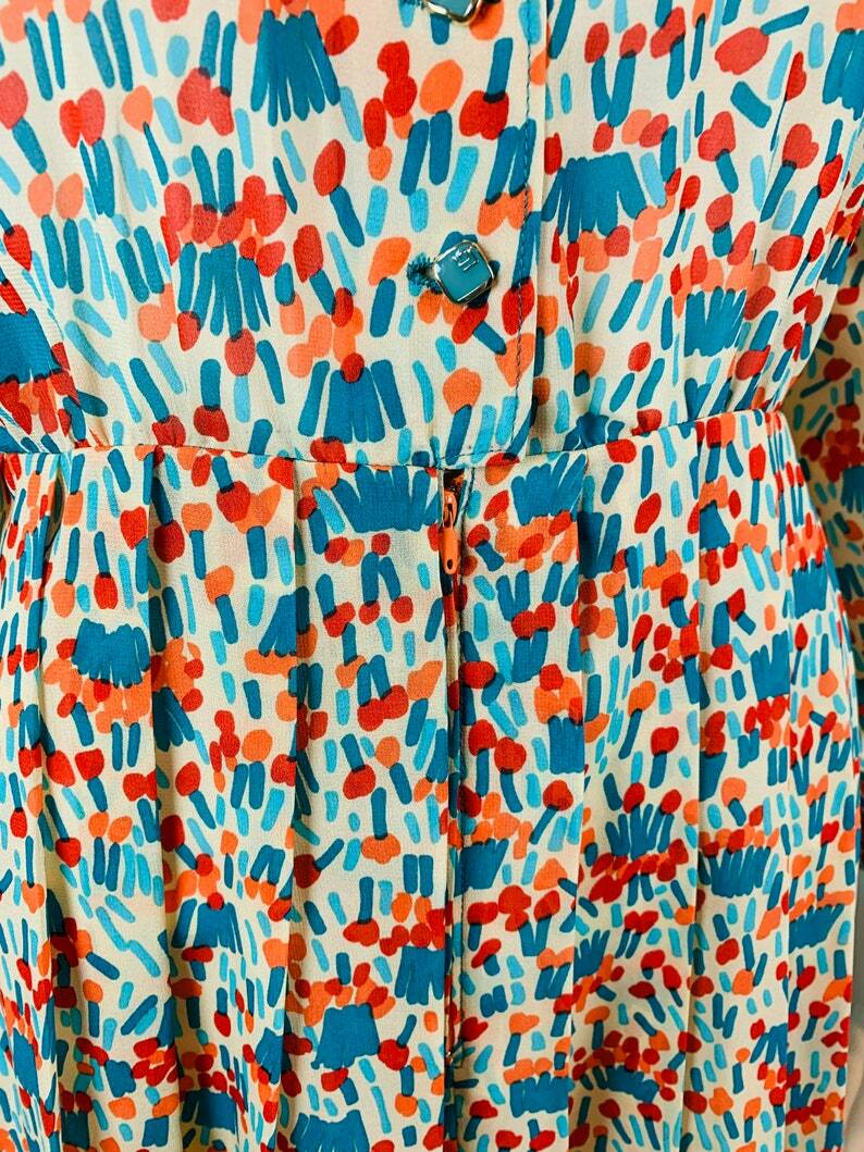 Vintage 1980s Silk Shirtdress Necktie Red Orange Blue Artistic Printed Dress