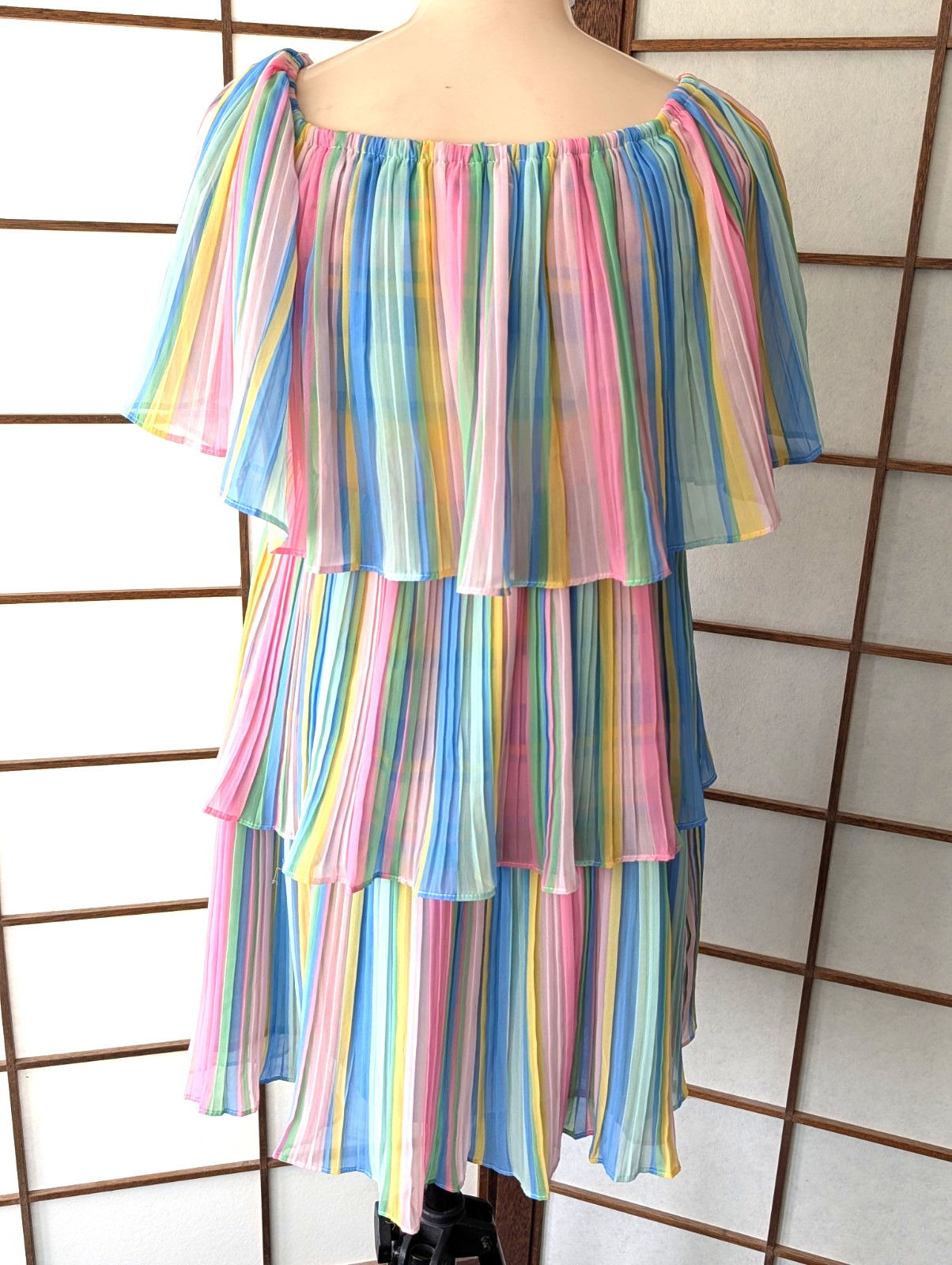 Vintage 1980s Three-tiered Pastel Striped Off The Shoulder Ruffle Mini Dress S/M