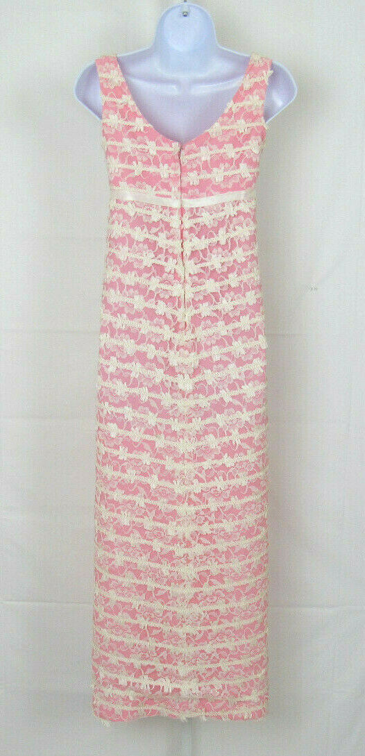 VTG 1950s REICH ORIGINALS MAXI DRESS PINK WHITE LACE MESH BOWS SLEEVELESS