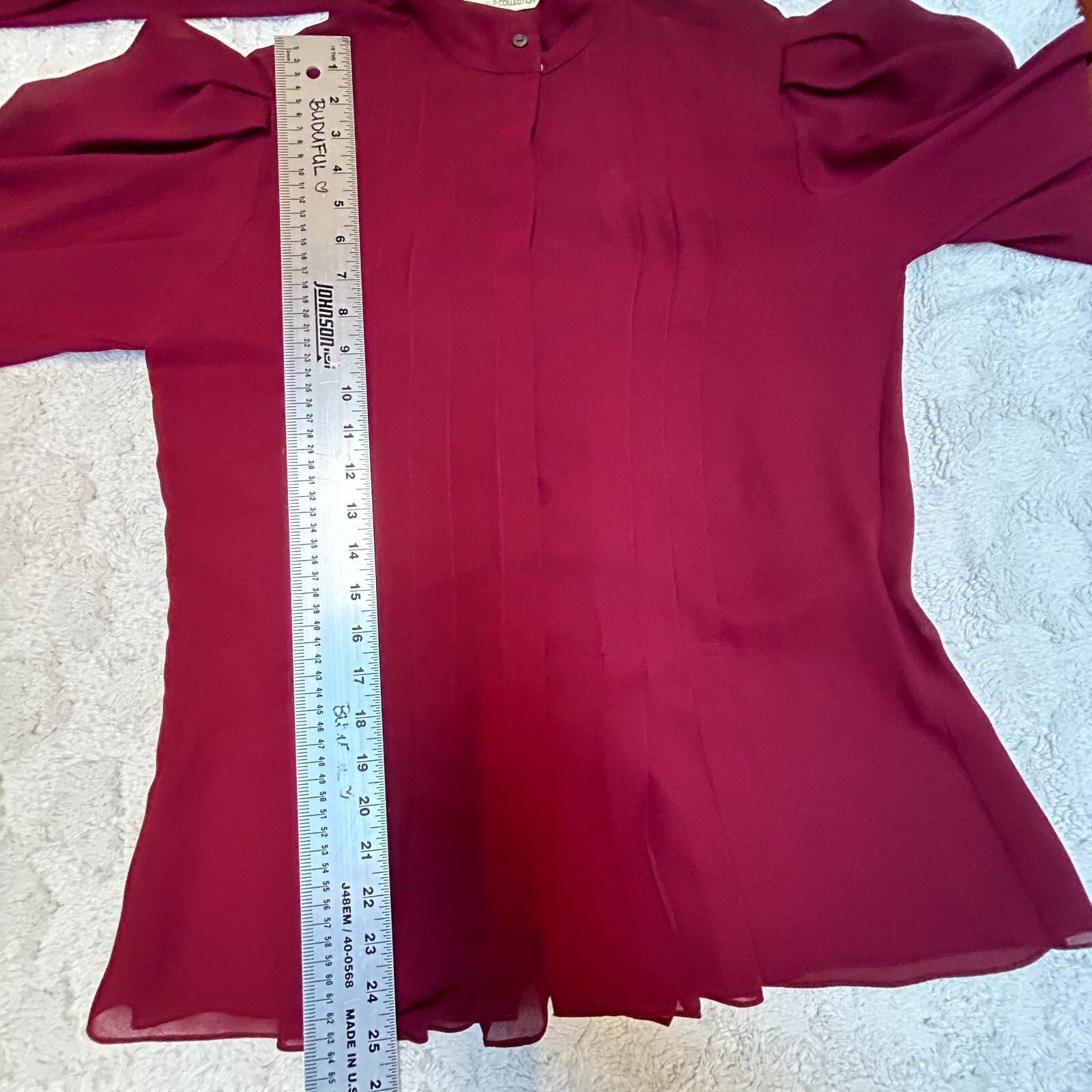 Vintage Jack Mulqueen VIP Collection Womens Maroon Ruched Sleeve Tie-Neck Blouse