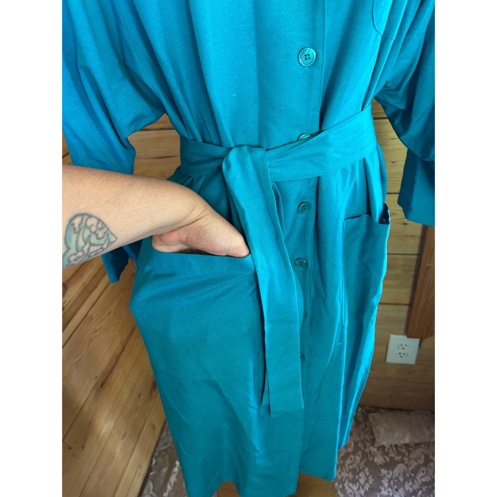 Vintage Silk Shirt Dress Women Size 14 Turquoise Teal Blue Midi Michel Laurent