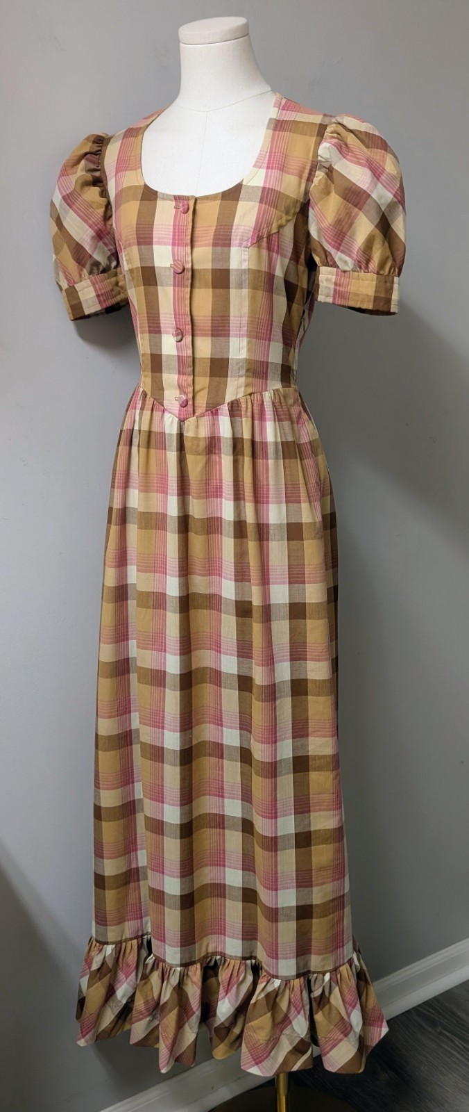 Vintage 70’s Plaid Maxi Dress Puffy Sleeves Ruffle Prarie Metal Side Zip S