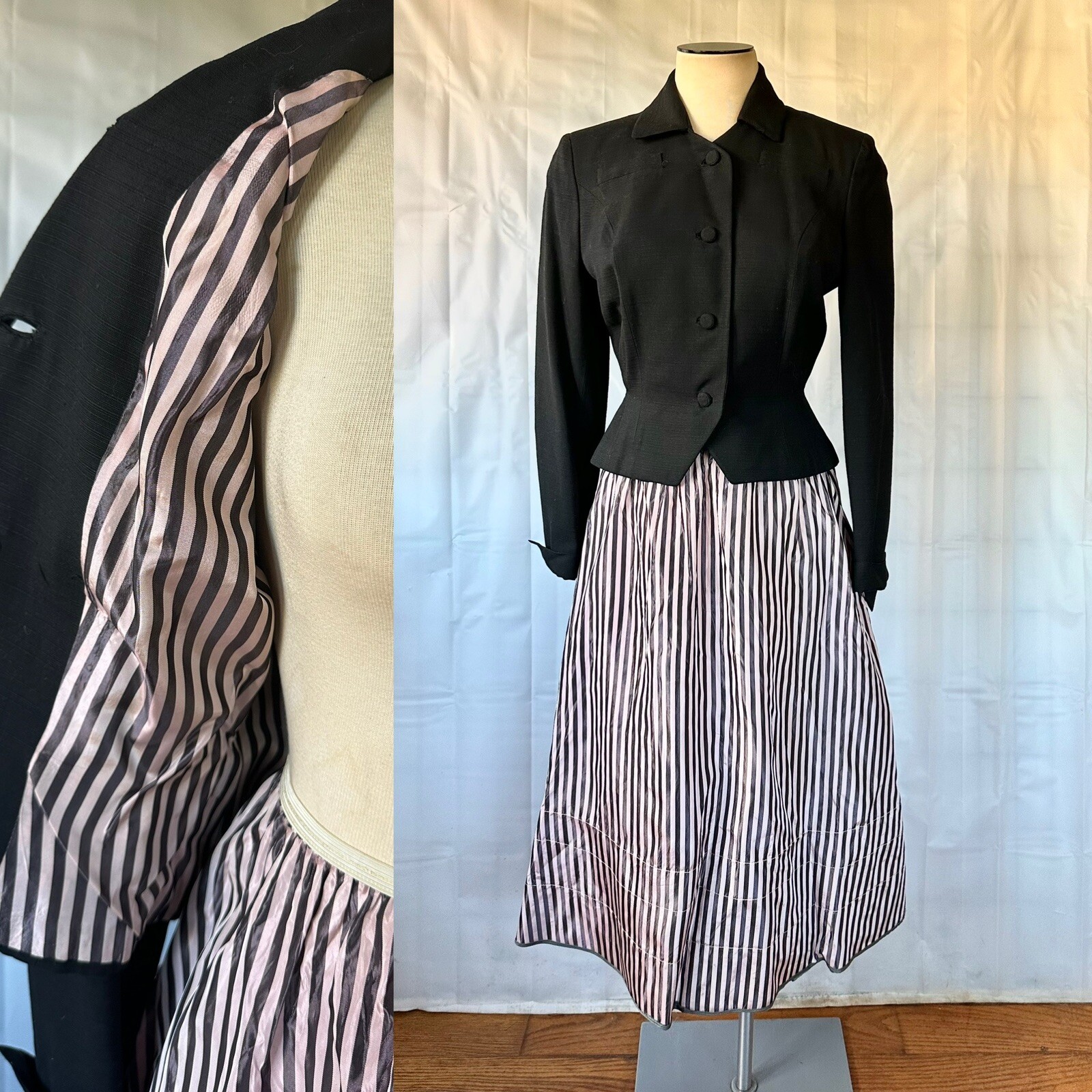 Vintage 1940s 1950s Skirt Suit Jacket Jameshire Black Pink 34 Bust New Look Slip
