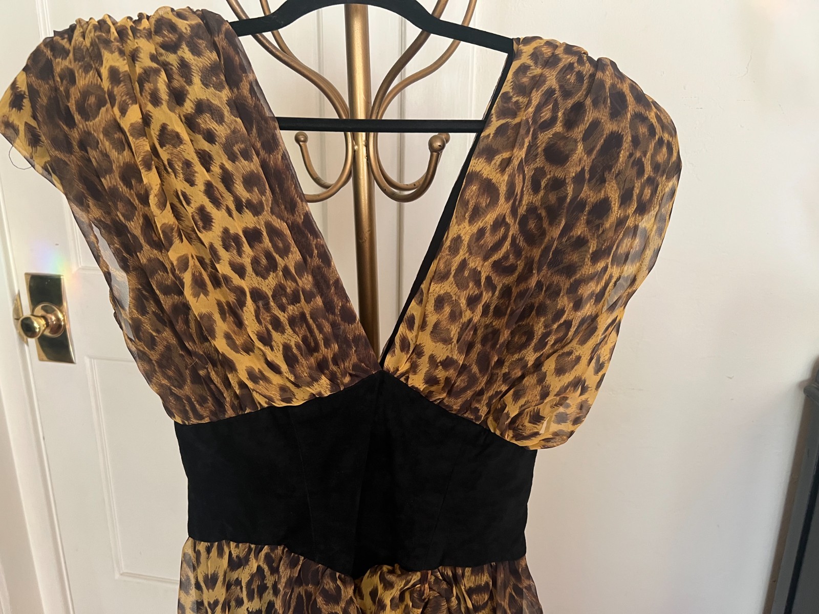 VTG 80s Climax Karen Okada for David Howard Leopard Chiffon & Suede Bodice 11/12
