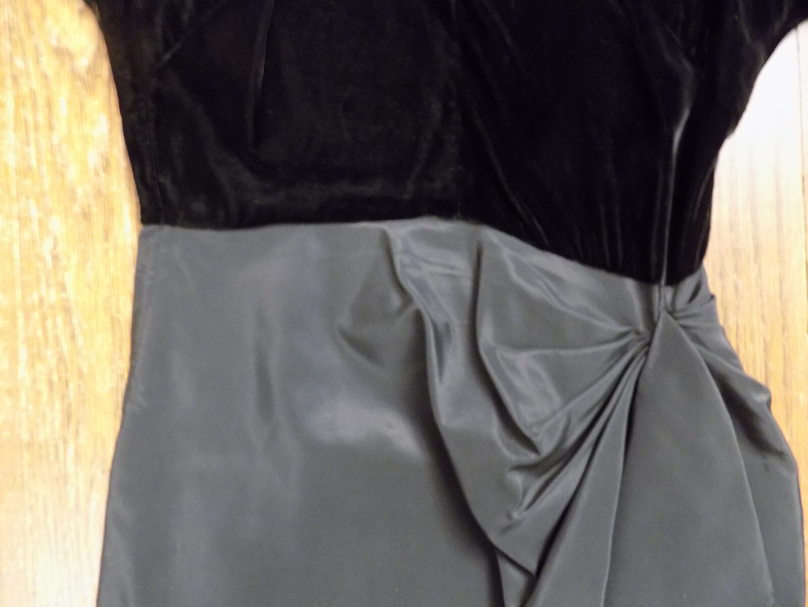 50s True Vtg Taffeta Dress Velvet V neck Tassel trim Cascade Skirt Crinoline XS