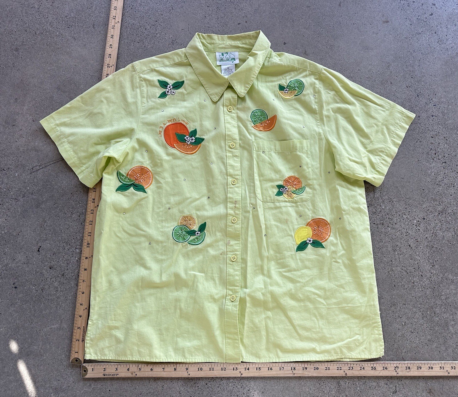 Vintage The Quaker Factory Yellow Cotton Embroidered Lemon Lime Orange Shirt 1X