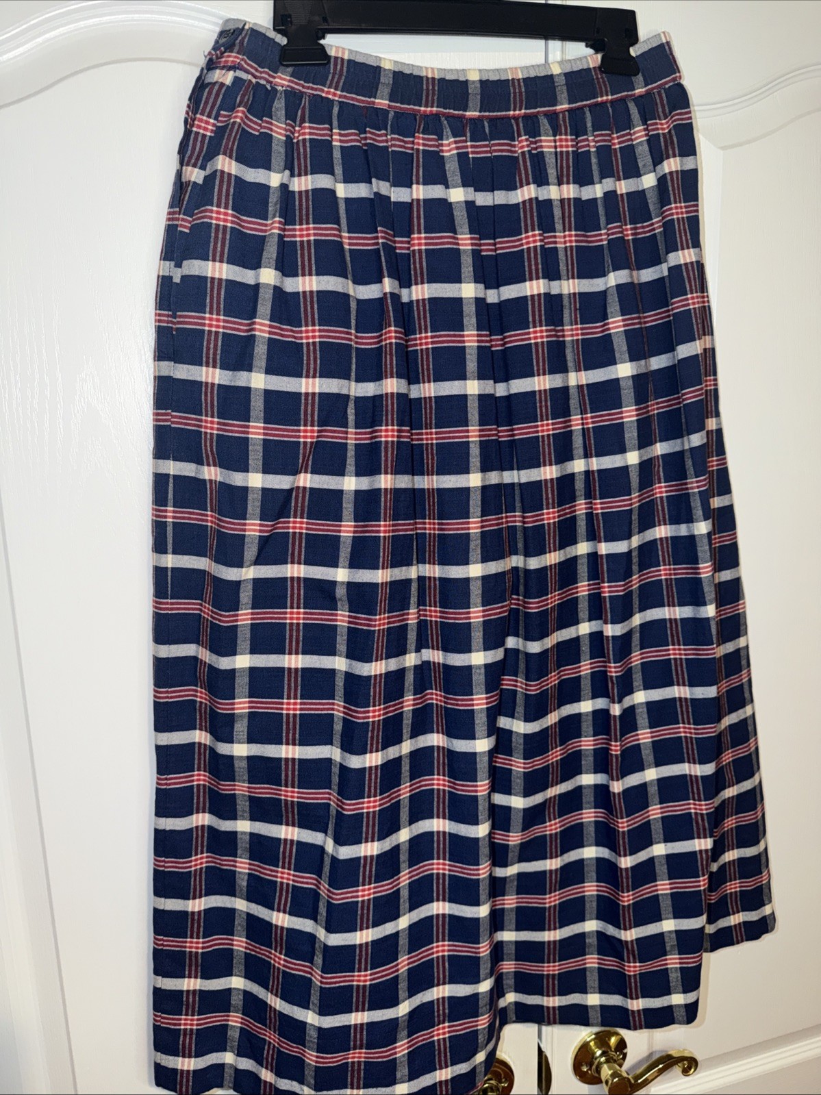 Vintage Women Plaid Skirt Sz 8 10 Red White Blue PleatsPockets Midi Prairie USA