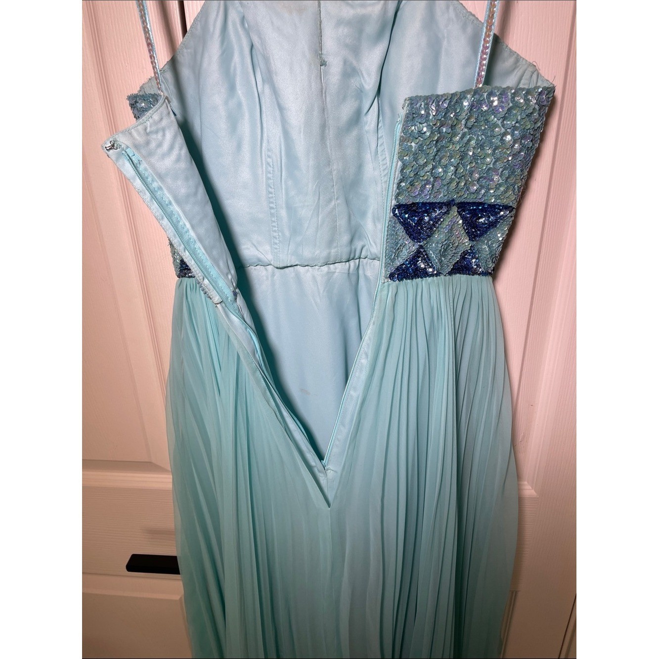 EUC Vintage 60s 70s Mike Benet Aqua Sequin Chiffon Sleeveless Maxi Dress Size 00