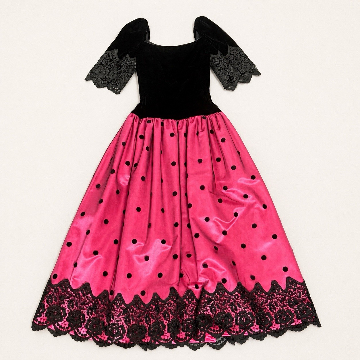 Vtg 80s William Pearson Black Velvet Pink Polka Dot Lace Formal Prom Gown XS/00