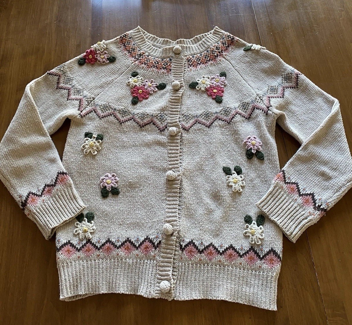 Cardigan Sweater Vintage Knitted Floral Off White Cream Color
