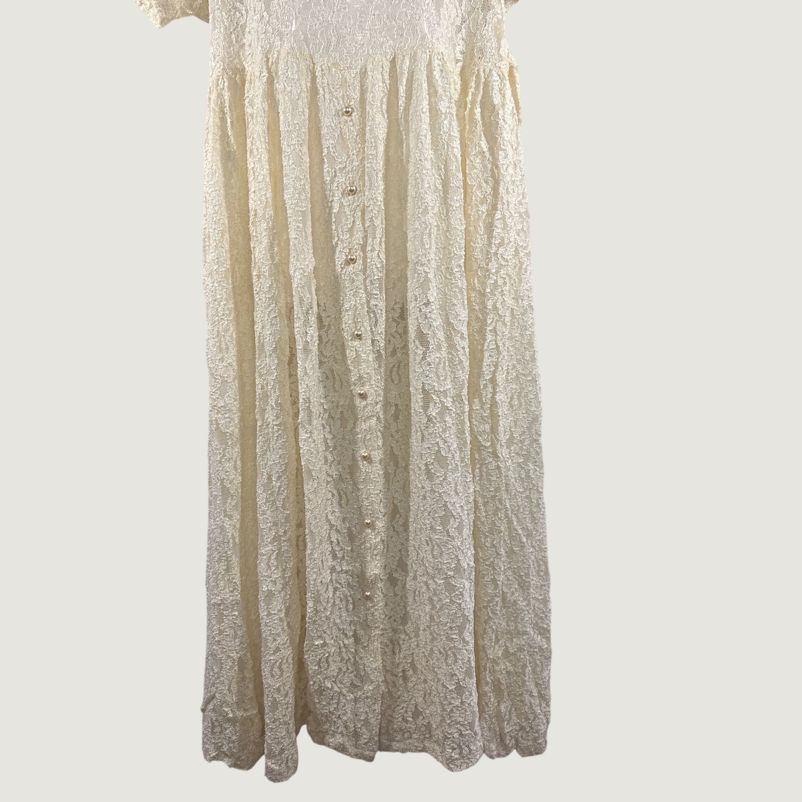 VTG 90s Moda Intl Ivory Lace Pearl Button Front Sheer Midi Dress Sz. 4 Victorian