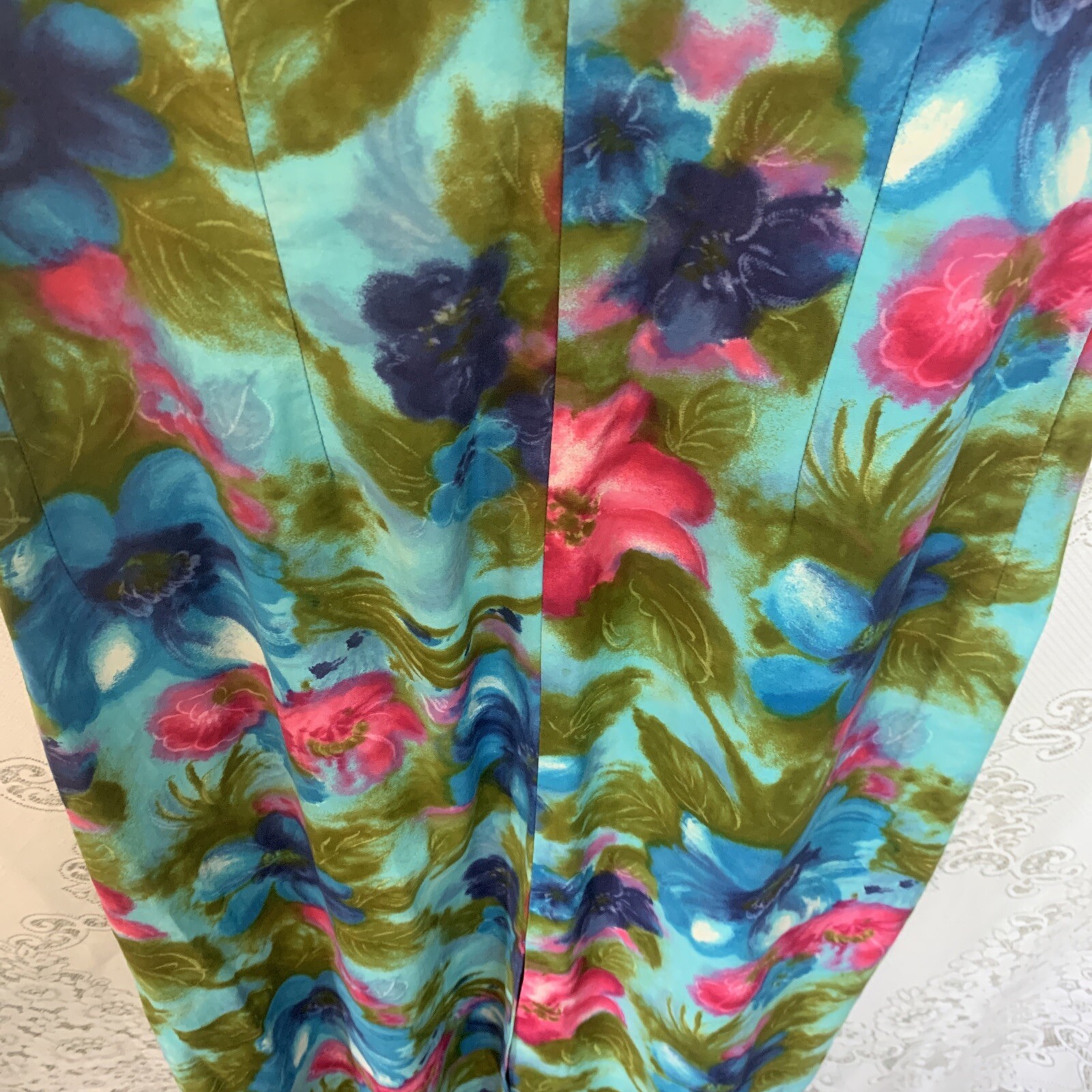 Vintage 50’s Alice PolynesianFloral Maxi dress with drape in the back Size L
