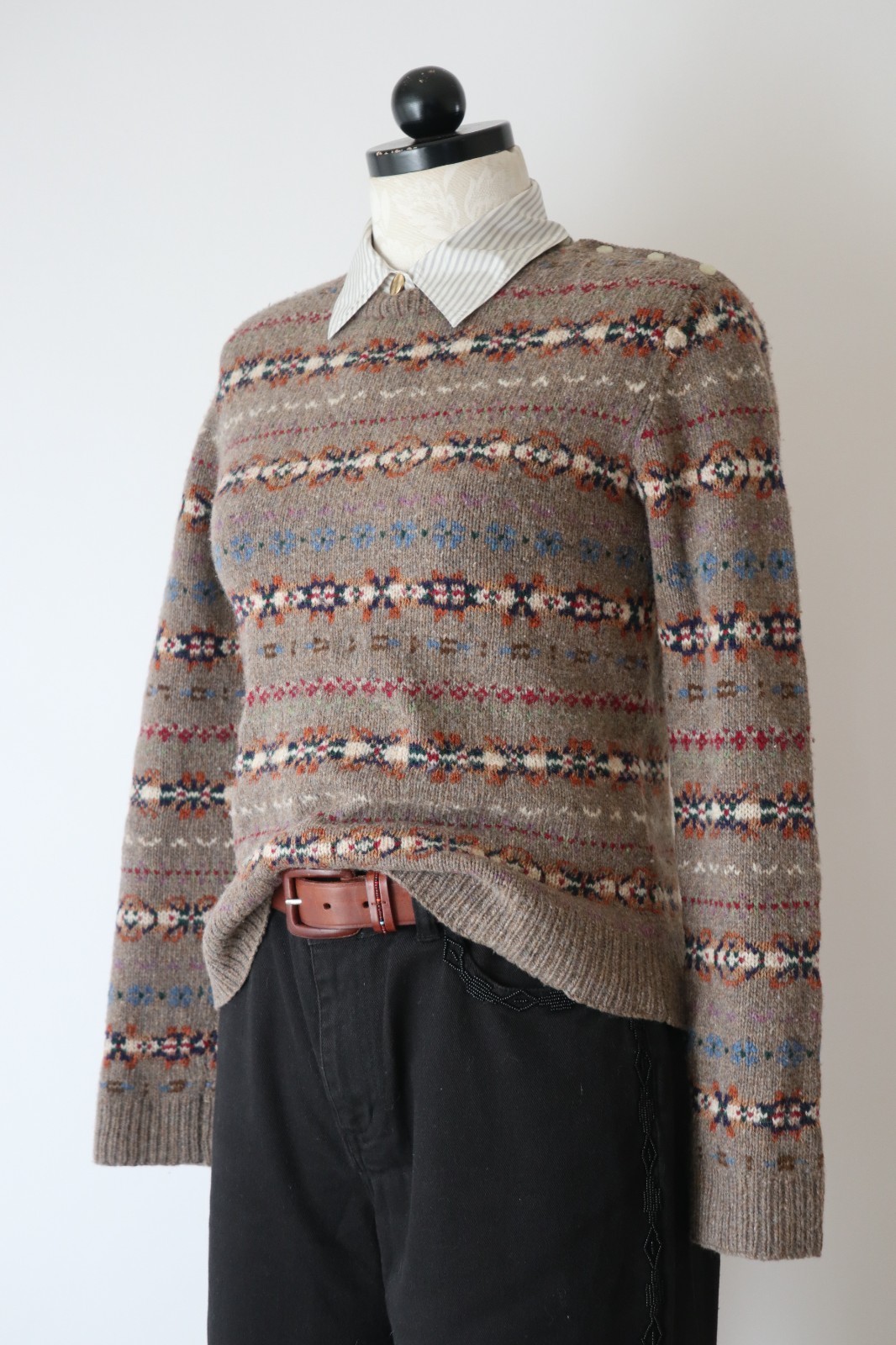 Ralph Lauren Beige Wool Cashmere Fair Isle Crewneck Handknit Sweater Women XS S