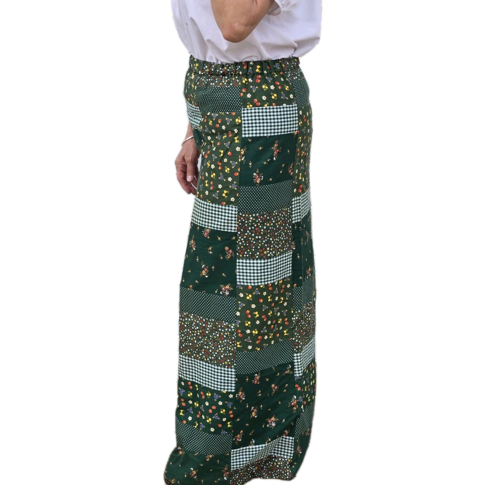VINTAGE MR. HANK 70s Patchwork Maxi Skirt Green Plaid Fliwers Strawberries M
