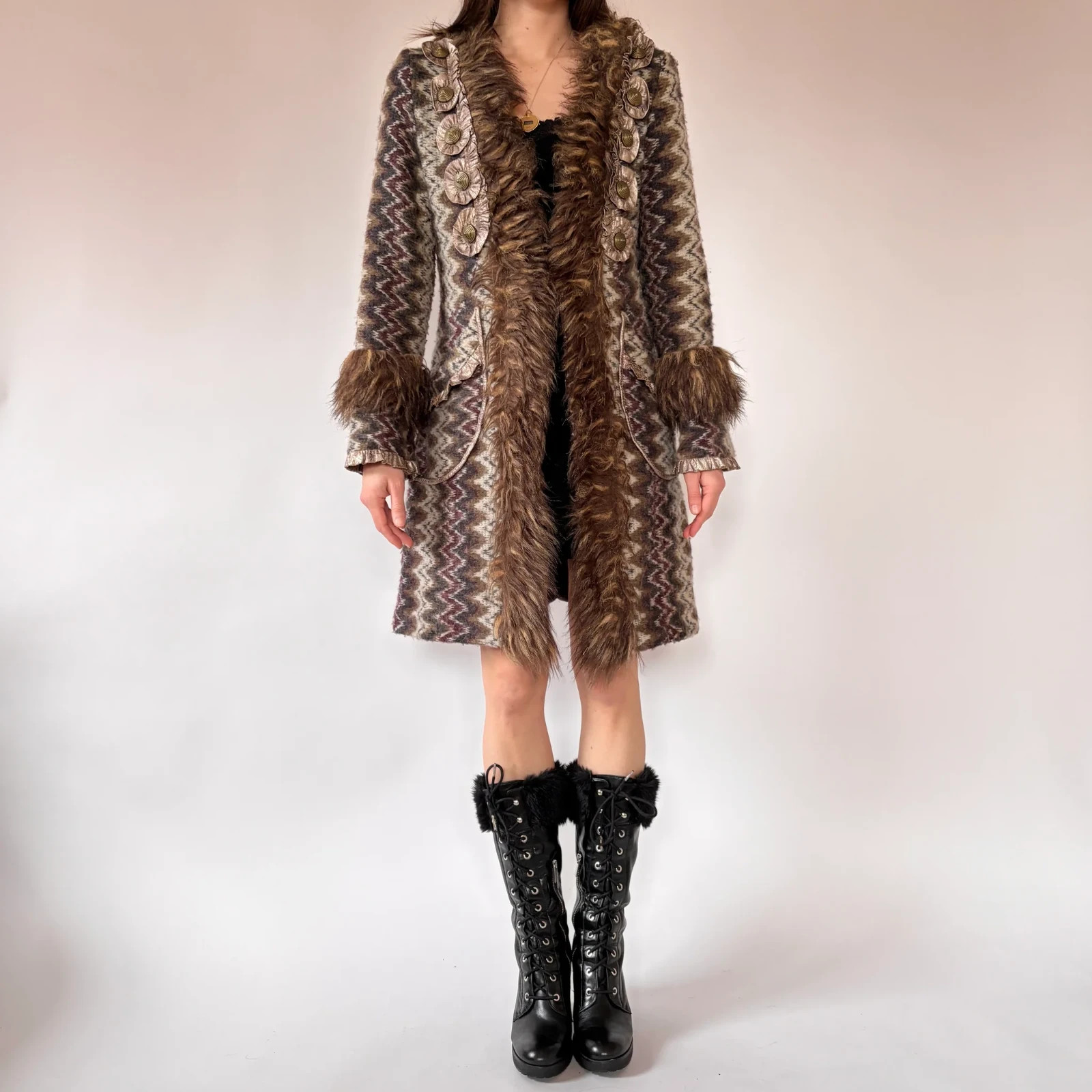 Vintage Boston Proper Faux Fur Trim Coat Women Wool Blend Jacket Medium Art