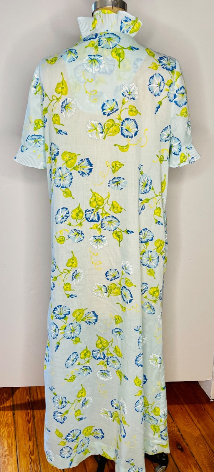 VTG 60’S MOD LORI TILL BLUE GREEN YELLOW FLORAL RUFFLE MAXI HOUSE DRESS ROBE*S/M