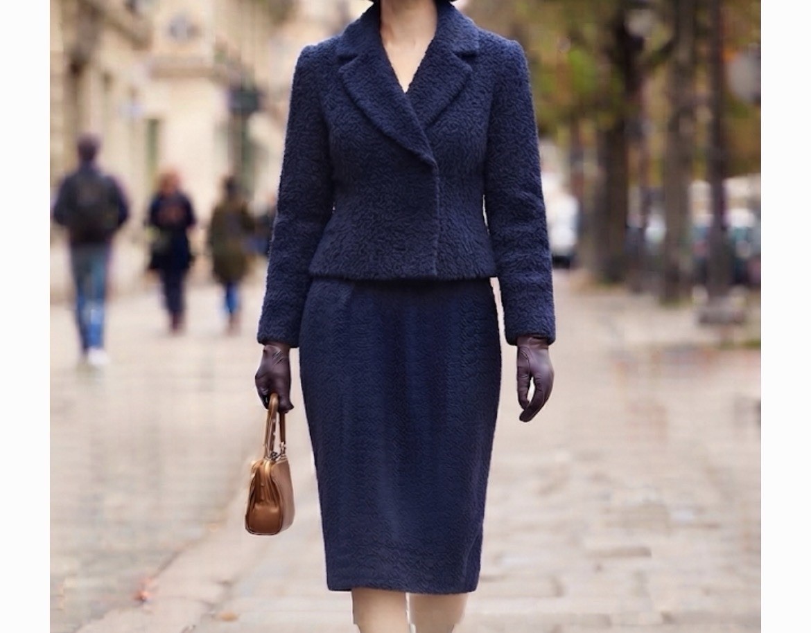 Vintage 60s Boucle Wool Tweed Jacket & Pencil Skirt Suit Blue Jackie O Style