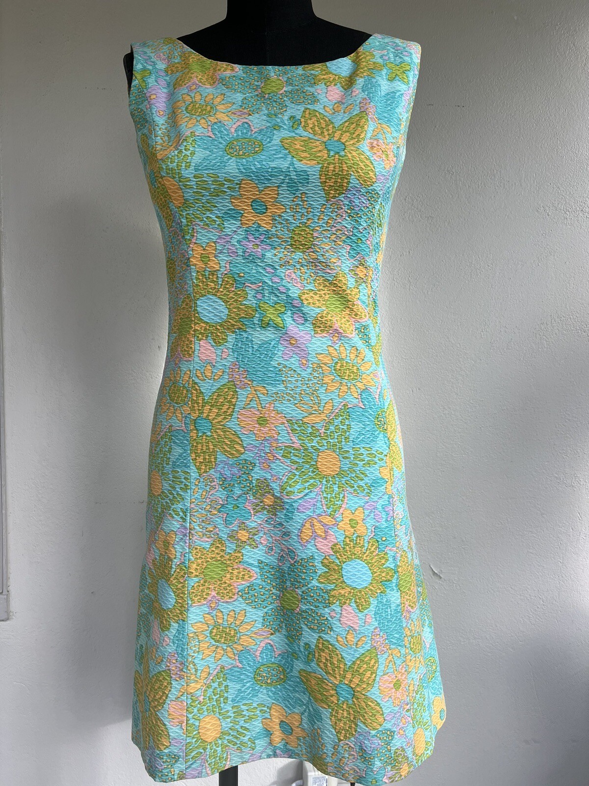 VTG 1960’s Green Pink Orange Damask Floral Shabby Chic Sun Mini Dress S M GREAT