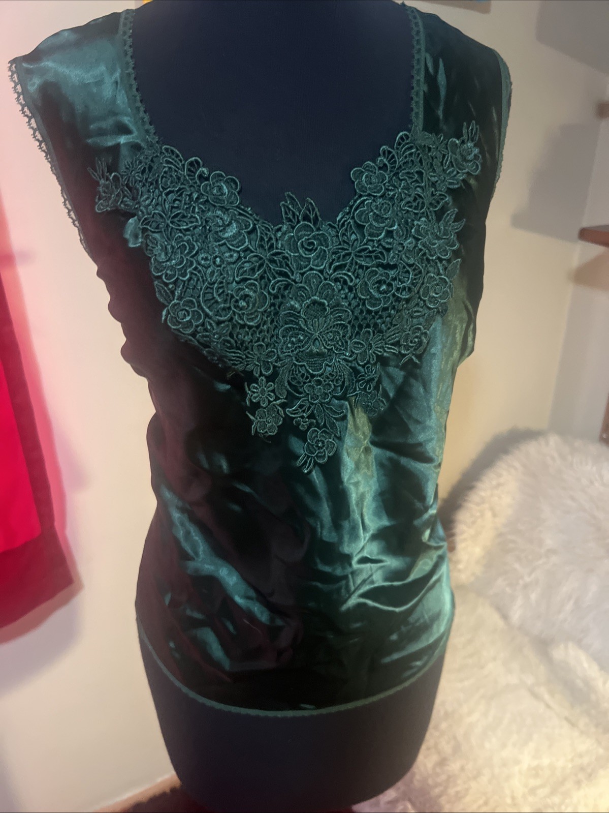 Vtg Escapades Suit Camisole Tank Glossy Slippery Smooth Satin Green XL USA