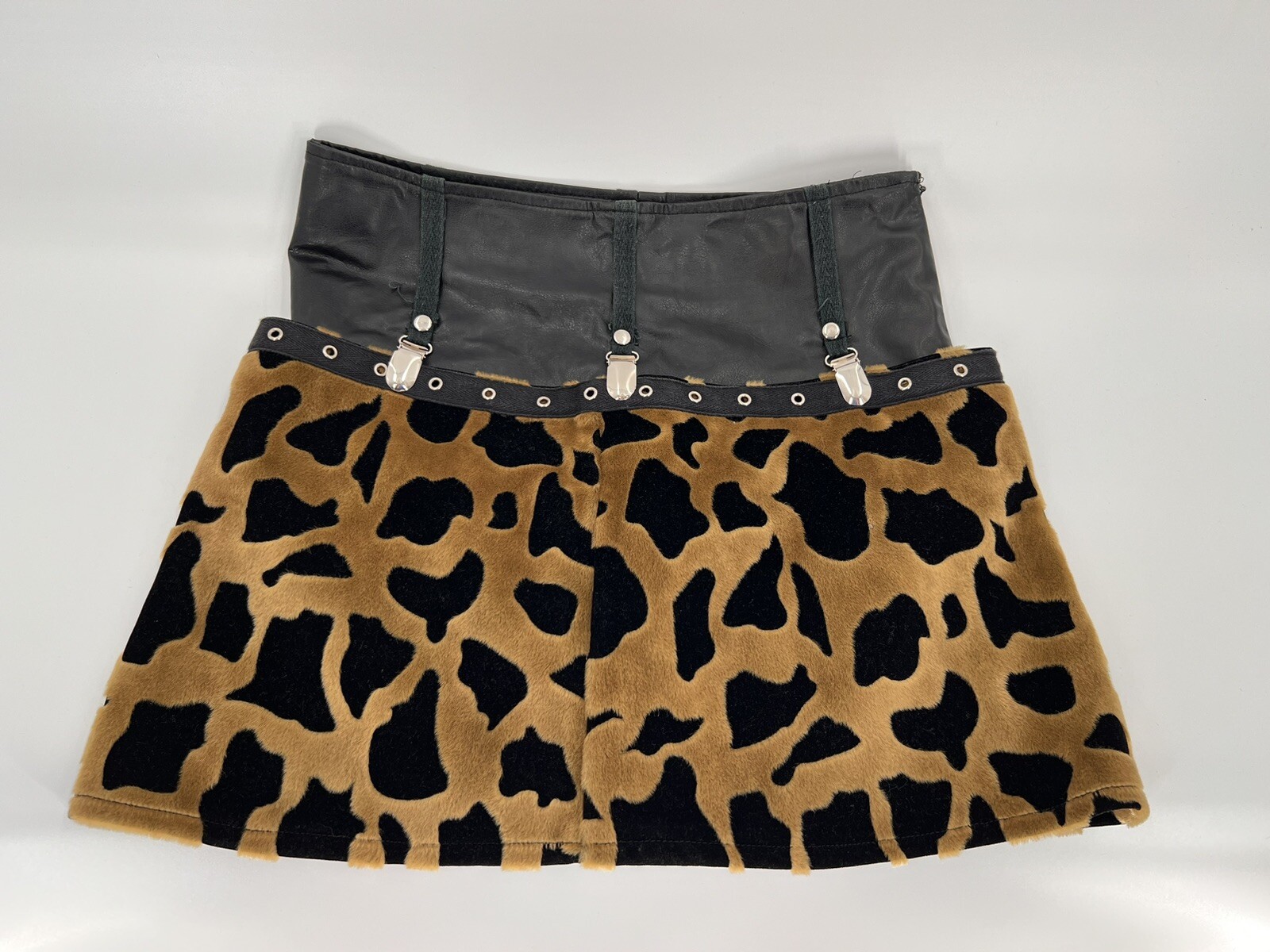 Vintage Mixed Media Mini Skirt Made Hong Kong Vegan Leather Animal print 27″x14″