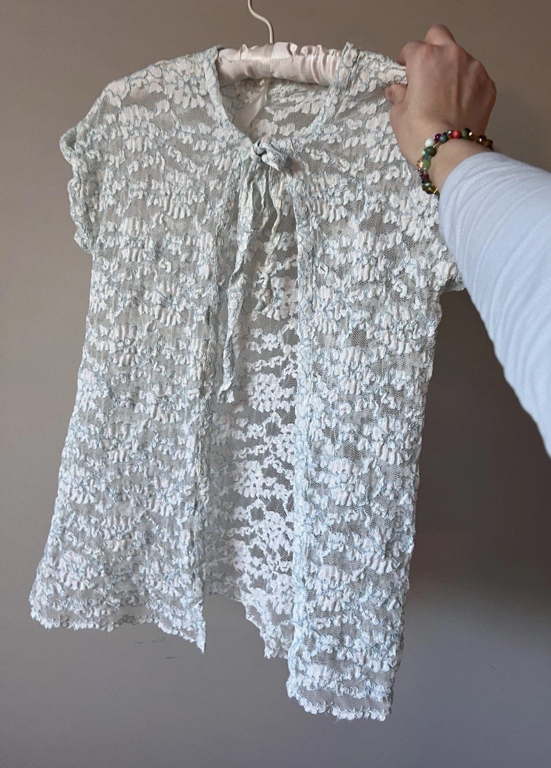 Vintage White Sheer Lace Blue Trim Unique Open Top Neck Tie Top Blouse Cape Read