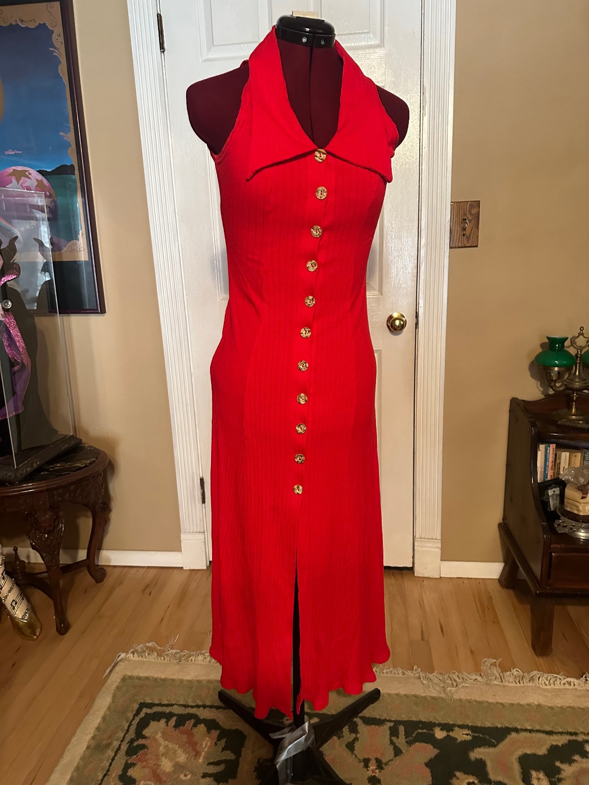 Vintage 100% Cotton Womens Button Front Maxi Dress Red Classic Sundress XS