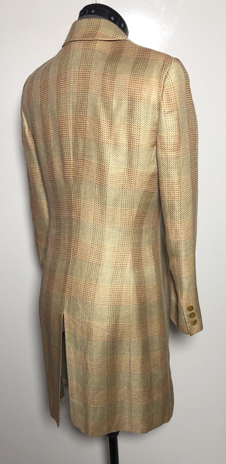 Vtg 80s Giorgio Armani Le Collezion Pink Blue Tan Plaid Long Blazer Italy 40 M